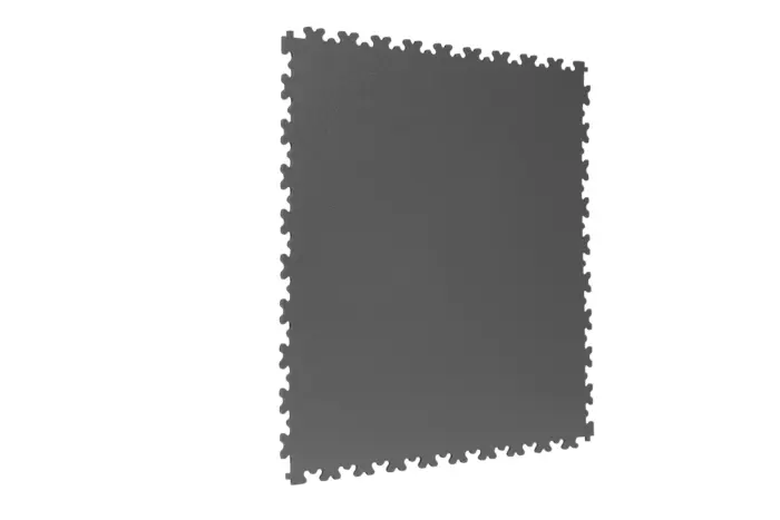 Eine graue Puzzlematte mit gezackten Kanten, die ein rechteckiges Design hat. Die Matte ist einfarbig und zeigt eine matte Textur, geeignet für verschiedene Anwendungen wie Gymnastik oder Spielbereiche.